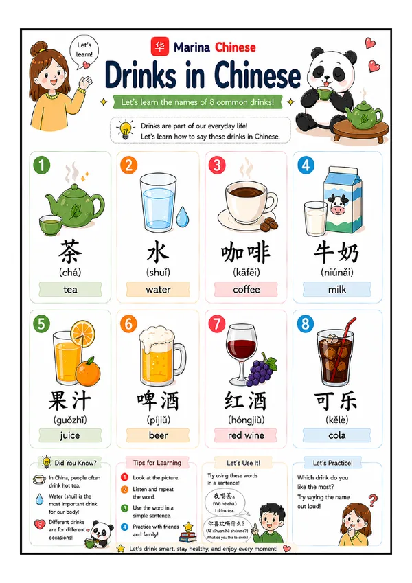 Printable Chinese vocabulary sheet — Drinks in Chinese