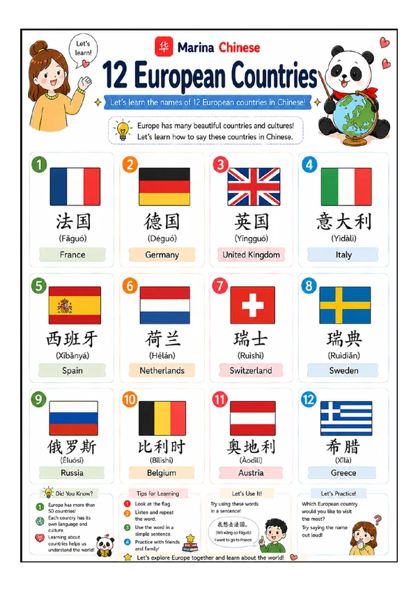 Printable Chinese vocabulary sheet — European Countries in Chinese